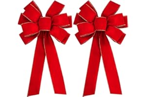 2Pcs Large Christmas Red Velvet Bows - 30.7" x 10.6" Valentine's Day Gold Wired Red Velvet Wreath Bow - Christmas Tree Topper
