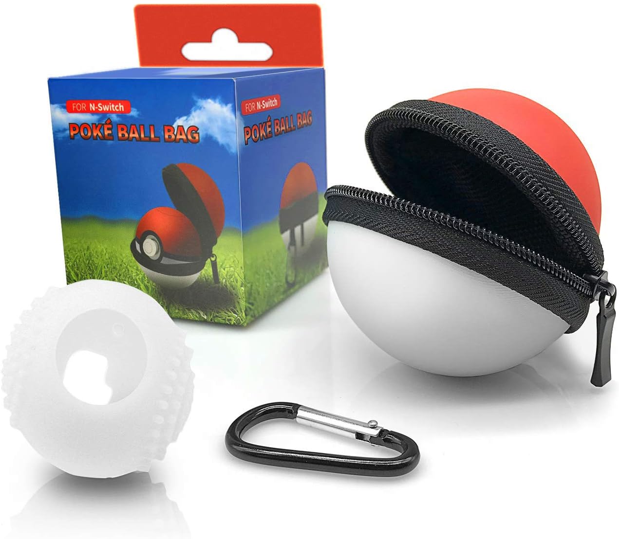 Portable Carrying Case for Nintendo Switch Pokemon Ball Plus Controller, 2in1 Accessory Bag for Pokemon Lets Go Pikachu Eevee Game for Nintendo Switch Carrying Case+Silicone Cover (White Red)