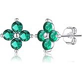 Reffeer Solid 925 Sterling Silver Green CZ Clover Flower Stud Earrings for Women Teen Girls Crystal Flower Earrings Studs for Spring