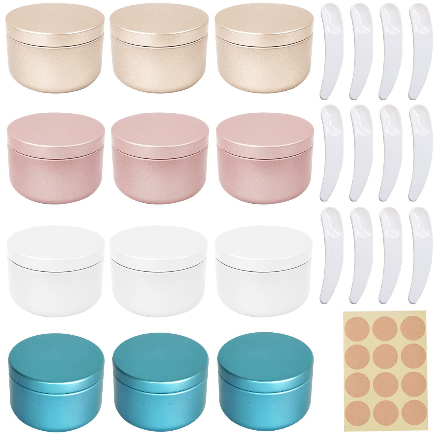 CONNECTION 12 PCS Aluminum Tin Jars 50ml Travel Pots for Toiletries Lip Balm Containers Cosmetic Jars Sample Pots Cream Container Tin Pot for Lotions Lip Balm Cream Candle (Gold Pink White Blue)