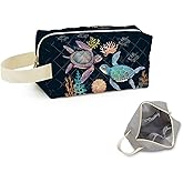 SuoSycorax Sea Turtle Printed Quilted Makeup Pouch for Women - Velvety Polyester Cosmetic Organizer w/Triple Compartments, Travel & Makeup Brush Holder