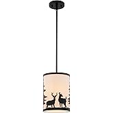 VAXCEL Acadia Bronze Rustic Mini Pendant Ceiling Light White Linen Shade Deer and Tree