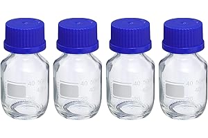 PATIKIL 50mL Reagent Media Bottle, 4Pcs Round Graduated Glass Storage Bottle Blue Screw Cap for Lab Home, Clear