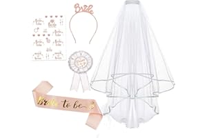 Lecone Bridal Shower Decoration, 5 Pieces Bride to be Sash and Veil Bride Headband Tiara Garter Bridal Shower Decor Wedding Veil Set Bachelorette Party Accessories, Large, White