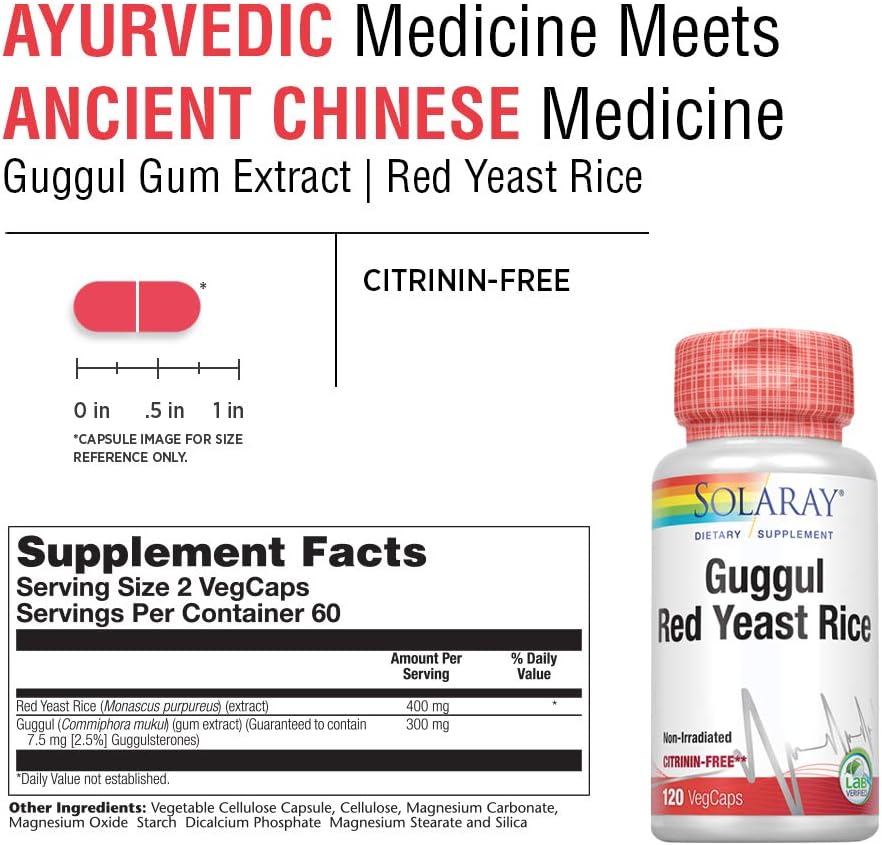 Solaray Guggul Gum Extract & Red Yeast Rice | Healthy Cardiovascular Function Support | Ancient Chinese Medicine & Ayurvedic Medicine Combo | 120ct: Health & Personal Care