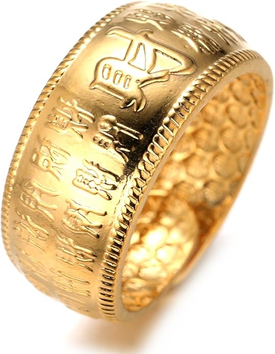 Halukakah Gold Bless All Men's 18K Gold Plated Kanji Ring Rich/Luck/Wealth Set Size Adjustable
