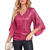 GRACE KARIN Womens Sparkly Sequin Tops,3/4 Sleeve Glitter Party Dressy Blouse,V-Neck Disco Evening Club Concert Shirt