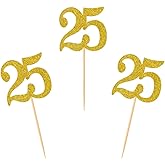 Donoter 50pcs 25th Cupcake Toppers Gold Glitter Number 25 Cake Picks for Birthday Anniversary Party Decoration