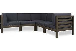 Great Deal Furniture Dawson Outdoor V-Shaped Sectional Sofa Set - 5-Seater - Acacia Wood - Outdoor Cushions - Gray and Dark Gray