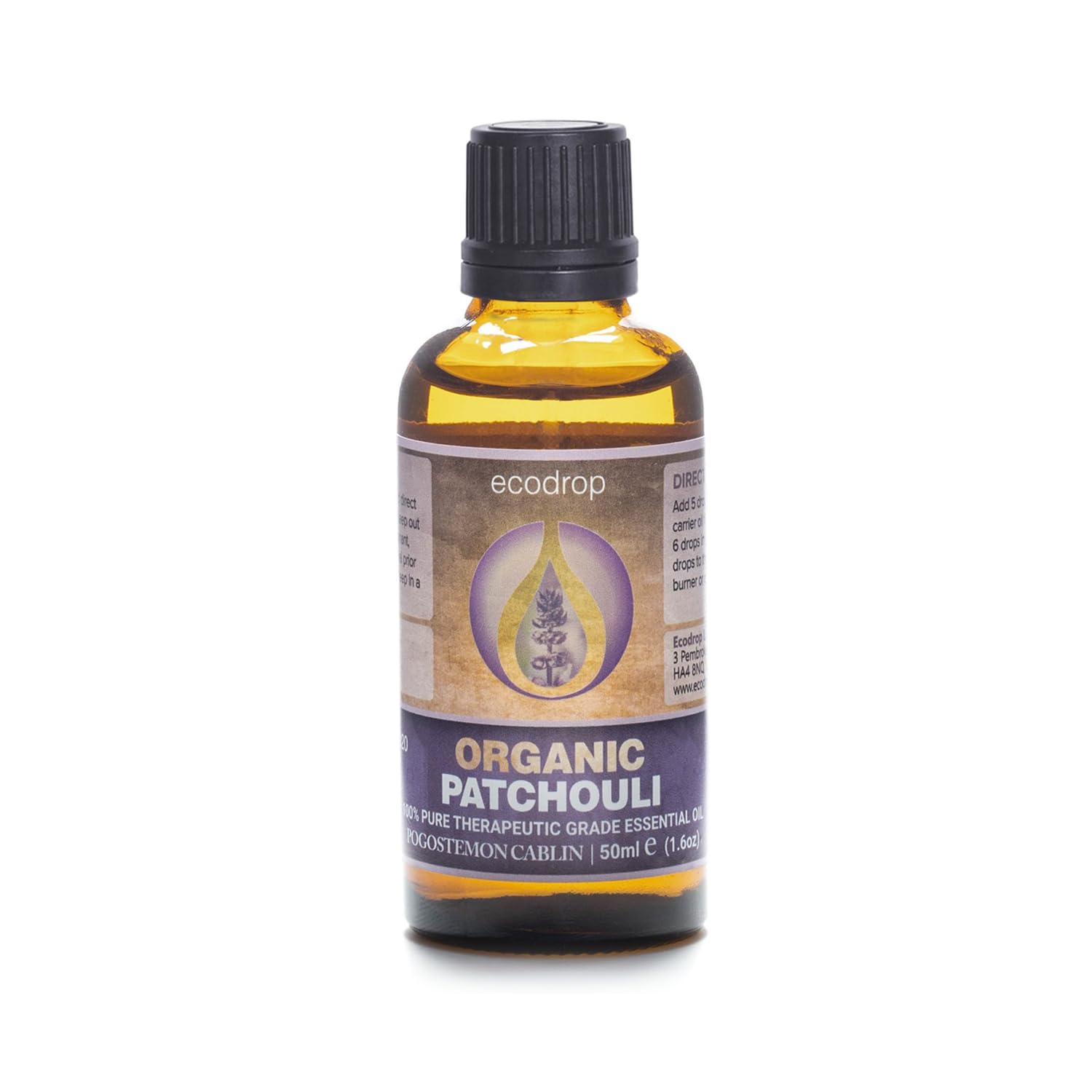 Ecodrop Pure Patchouli Essential Oil - 50ml Bottle | 100% Natural Aromatherapy Diffuser, Massage & Bath Oil for Improved Mood, Sleep & Cleaner Air | Pogostemon Cablin Organic Oil