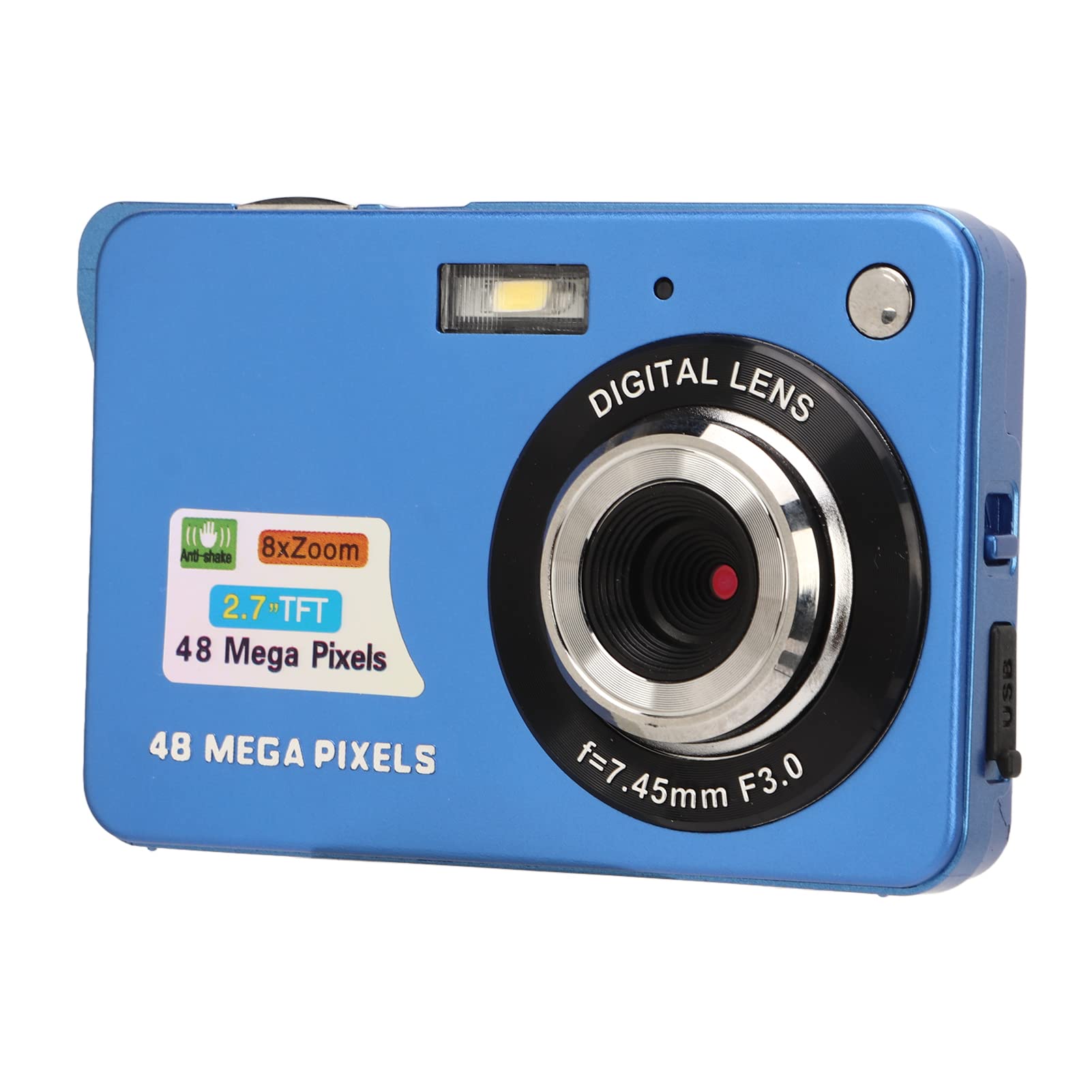 4K Digital Camera, Vlogging Camera, 2.7in LCD Display, 48MP 8x Zoom Anti Shake Compact Camera, Photography Continuous Shooting for Photography and Video (Blue)