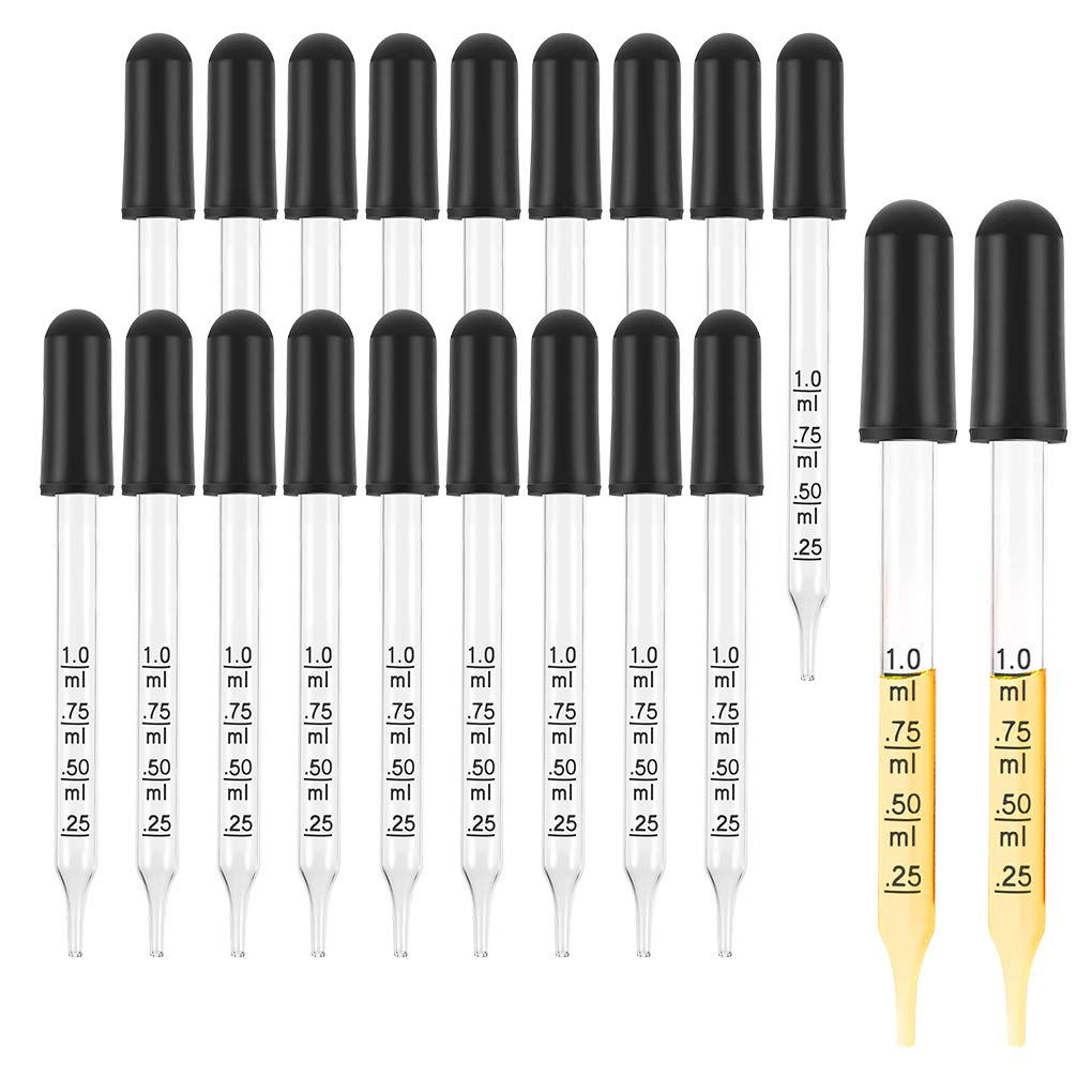 Pipettes Dropper with Black Rubber Head 20 Pieces, StraightTip Calibrated Thick Glass Medicine