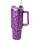 Lashicorn 40 Oz. Tumbler with Handle and Straw Purple Leopard Silver 10” tall Cup lid included Insulated Stainless Steel Vacuum Travel Mug Boutique Cheetah Print Purple