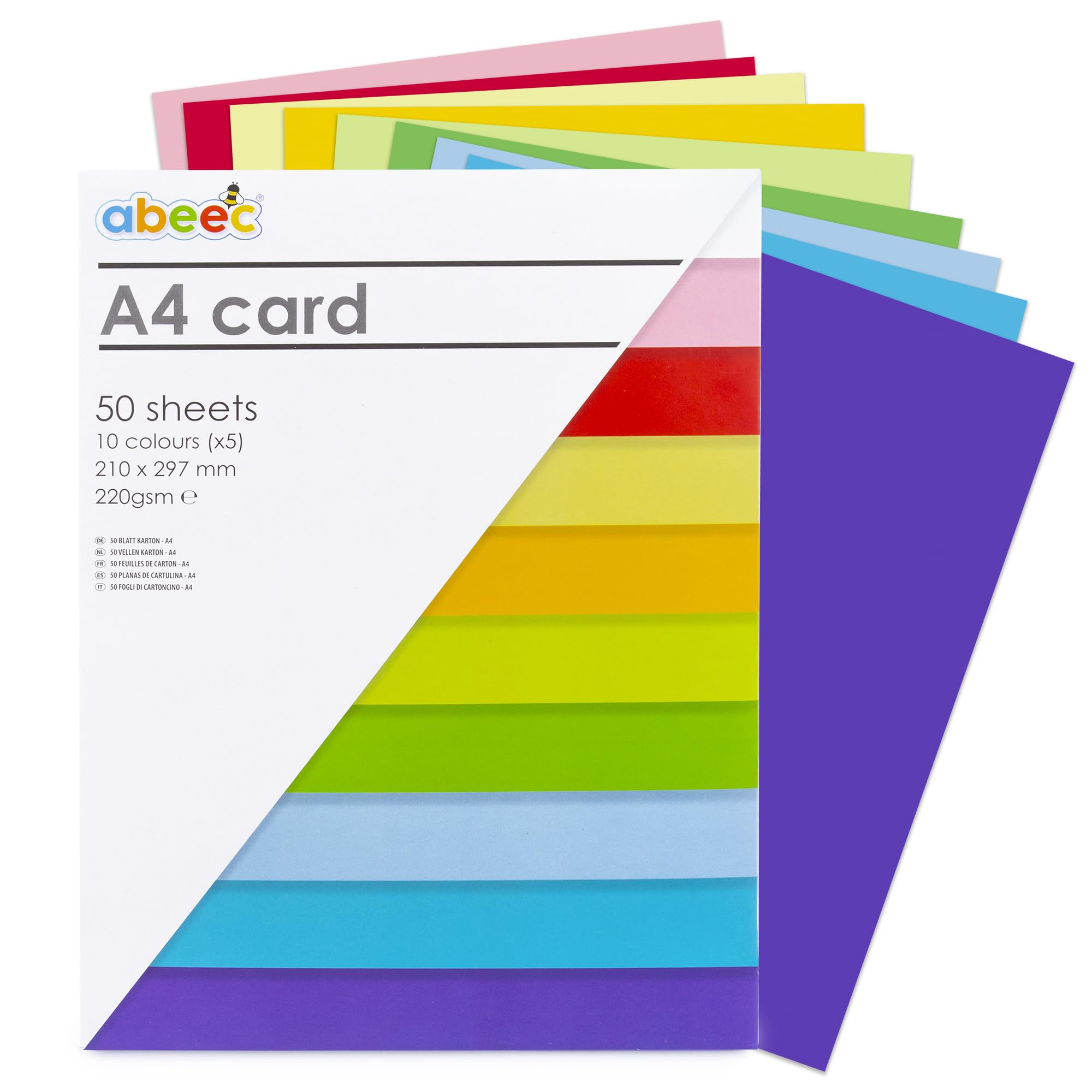 Abeec Coloured Card Pack A4 | 50 Sheets | 10 Assorted Colours Including White | Perfect for Crafting, Scrapbooking, and DIY | 220GSM Card