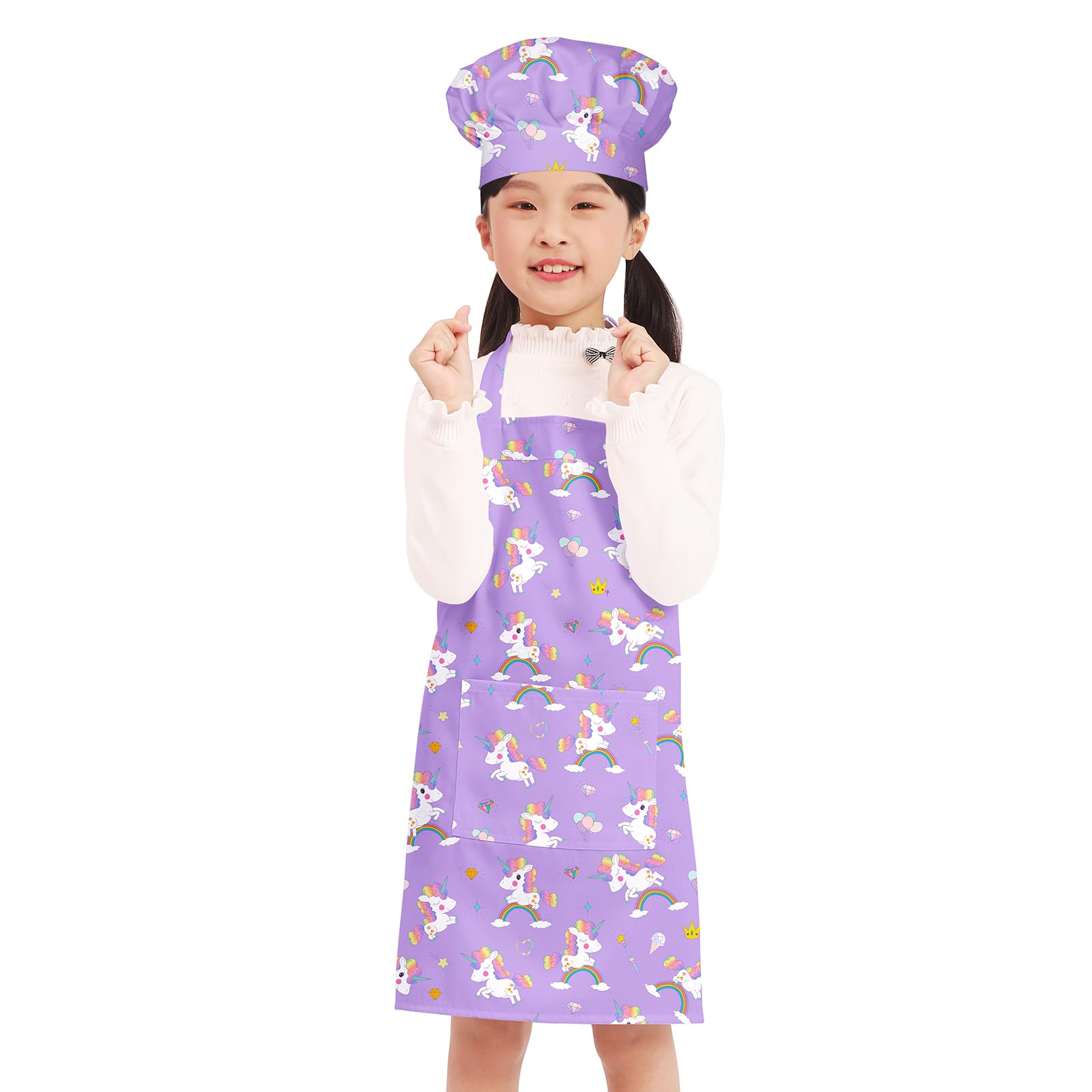 BIGHAS Kids Apron Chef Hat Adjustable Neck Strap Hook and Loop Fastener Design Waistband for Baking, Painting, Cooking (Lavender-unicorn, (3'11"-4'7") M)