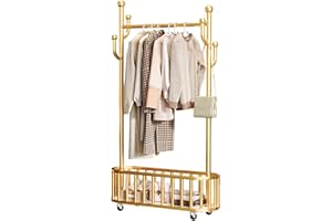 Portable Heavy Duty Clothes Rail, Movable Clothes Rack on Wheels with Storage Shelf, Metal Clothing Rail for Hanging Garments