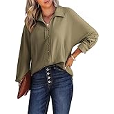 Dokotoo Blouses for Women Dressy Casual Oversized Button Down Shirts Long Sleeve V Neck Dark Green Shirts Loose Soft Fall Going Out Tops Comfy Fashion Business Outfits Clothes 2024 Medium