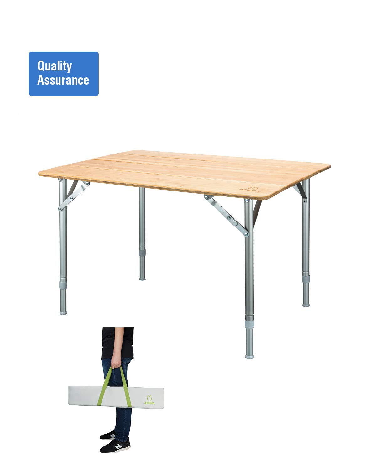ATEPA 4-Fold Bambu Heavy Duty Adjustable Height Aluminum Frame Folding Bamboo Table with Carry Bag