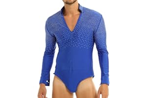 ACSUSS Men's Sequins V Neck Dance Shirts Unitard Ballroom Modern Latin Long Sleeve Dancewear