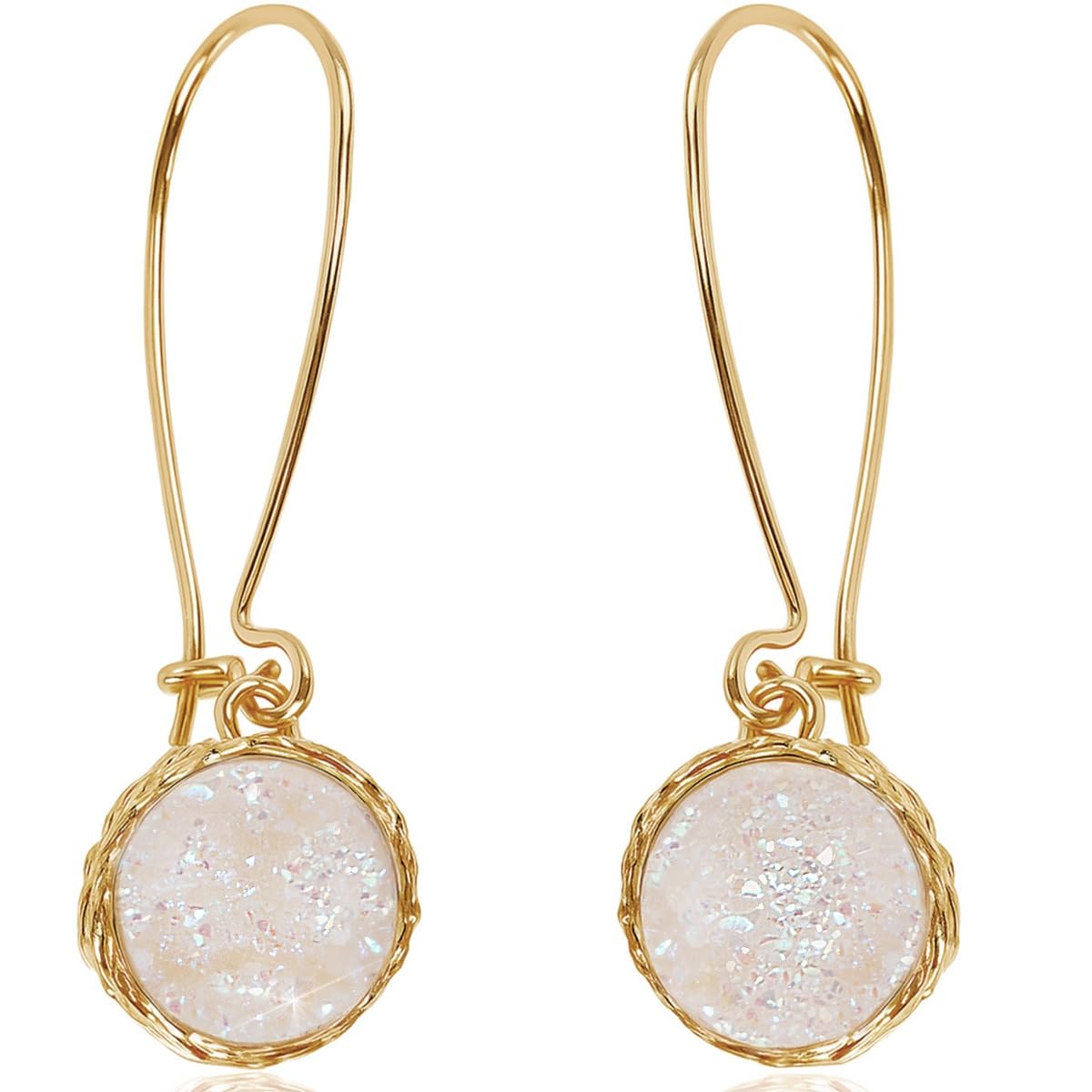 Humble Chic Simulated Druzy Threaders - Upside-Down Long Hoop Dangle Drop Earrings for Women, Simulated Opal, Sparkly Pearly White, Opalescent, Simulated Moonstone, Gold-Tone