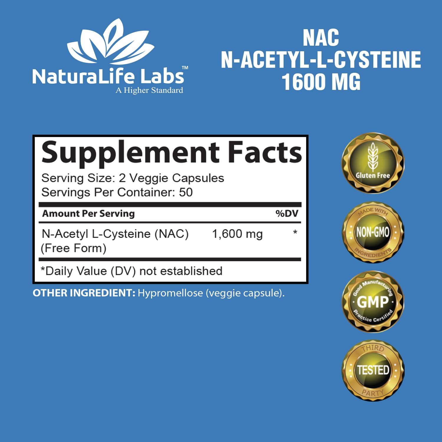 NaturaLife Labs N-Acetyl-L-Cysteine (NAC) 1600 mg – 100 Capsules, Non-GMO & Gluten-Free