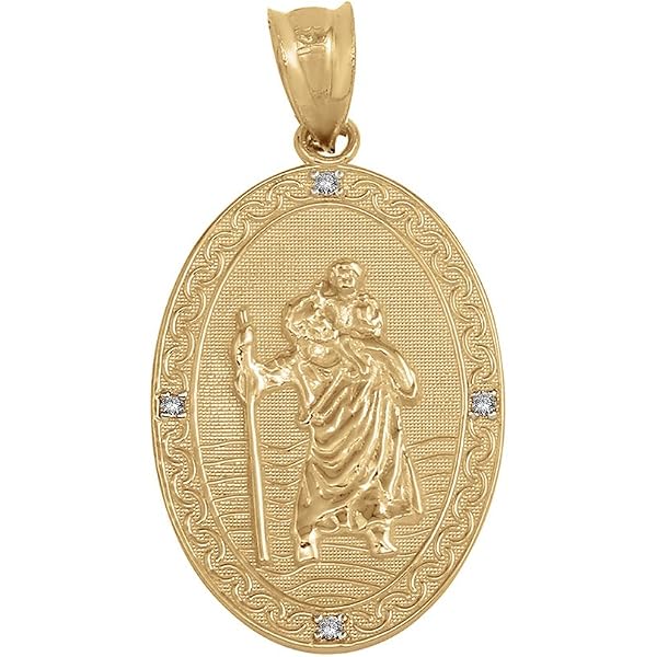 10k Yellow Gold St. Gabriel Archangel Medal Pendant With Diamonds - 1 Inch Religious Necklace