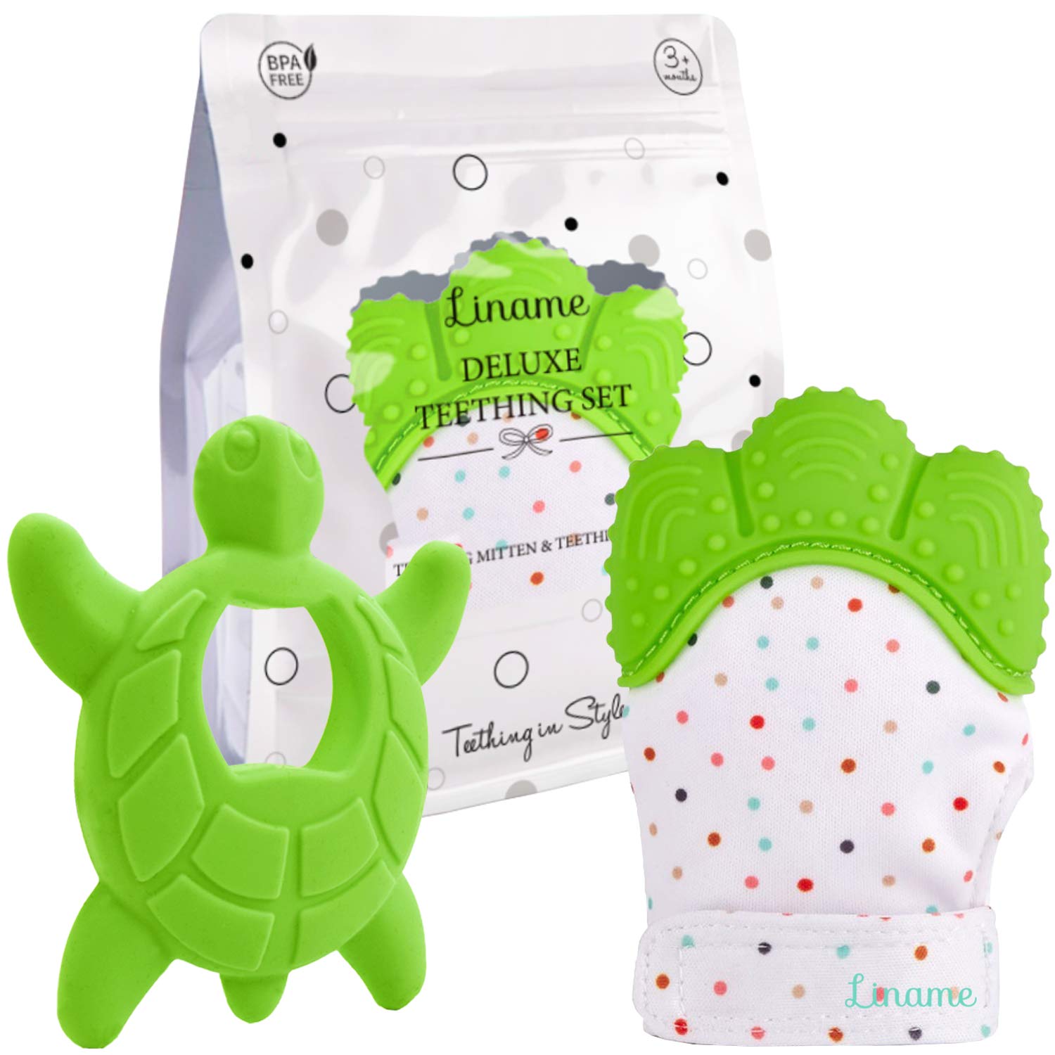Liname2 Pack Deluxe Teething Set Includes Teething Mitten for Babies & Teething Toy - Baby Chew Toy & Teething Glove - Safe(BPA Free) Infant Teething Mitt - Baby Teether Toy - Hand Teether for Babies