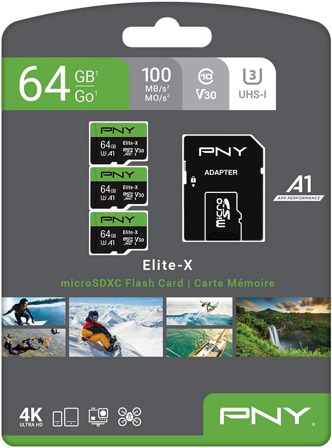 PNY 64GB Elite-X Class 10 U3 V30 microSDXC Flash Memory Card 3-Pack - 100MB/s, Class 10, U3, V30, A1, 4K UHD, Full HD, UHS-I, micro SD: Computers & Accessories