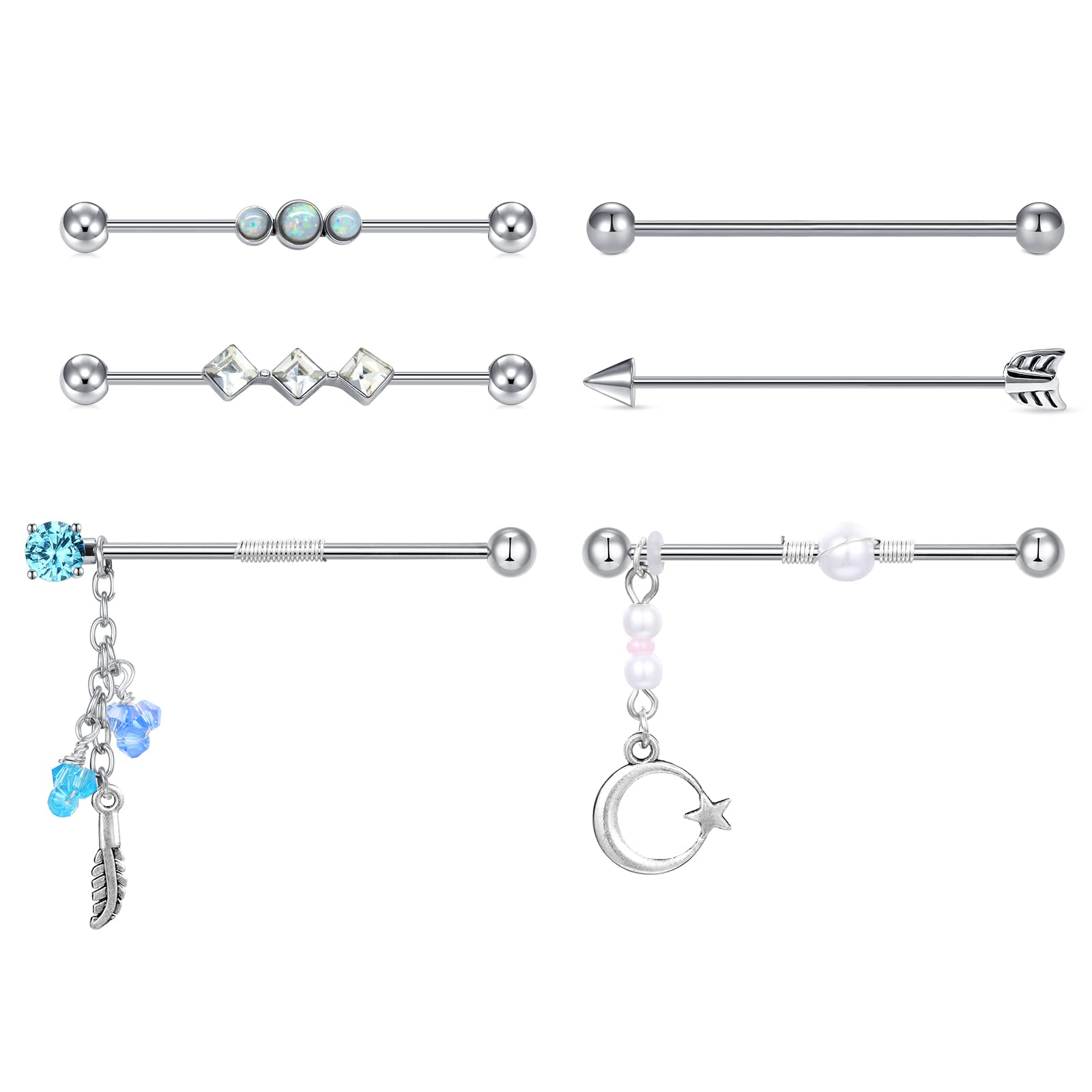 AceFun Moon Star Industrial Bars Crystal Hanging pandent Blue Feder Cartilage Stainless Steel Silver Scaffold Barbell Point drilled Bead Opal White Zirconium Piercing Jewellery 14Gauge 38mm