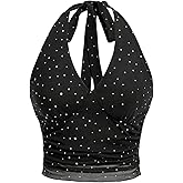 WDIRARA Women's Rhinestone Crop Halter Top Ruched Sleeveless Tie Backless Mesh Top