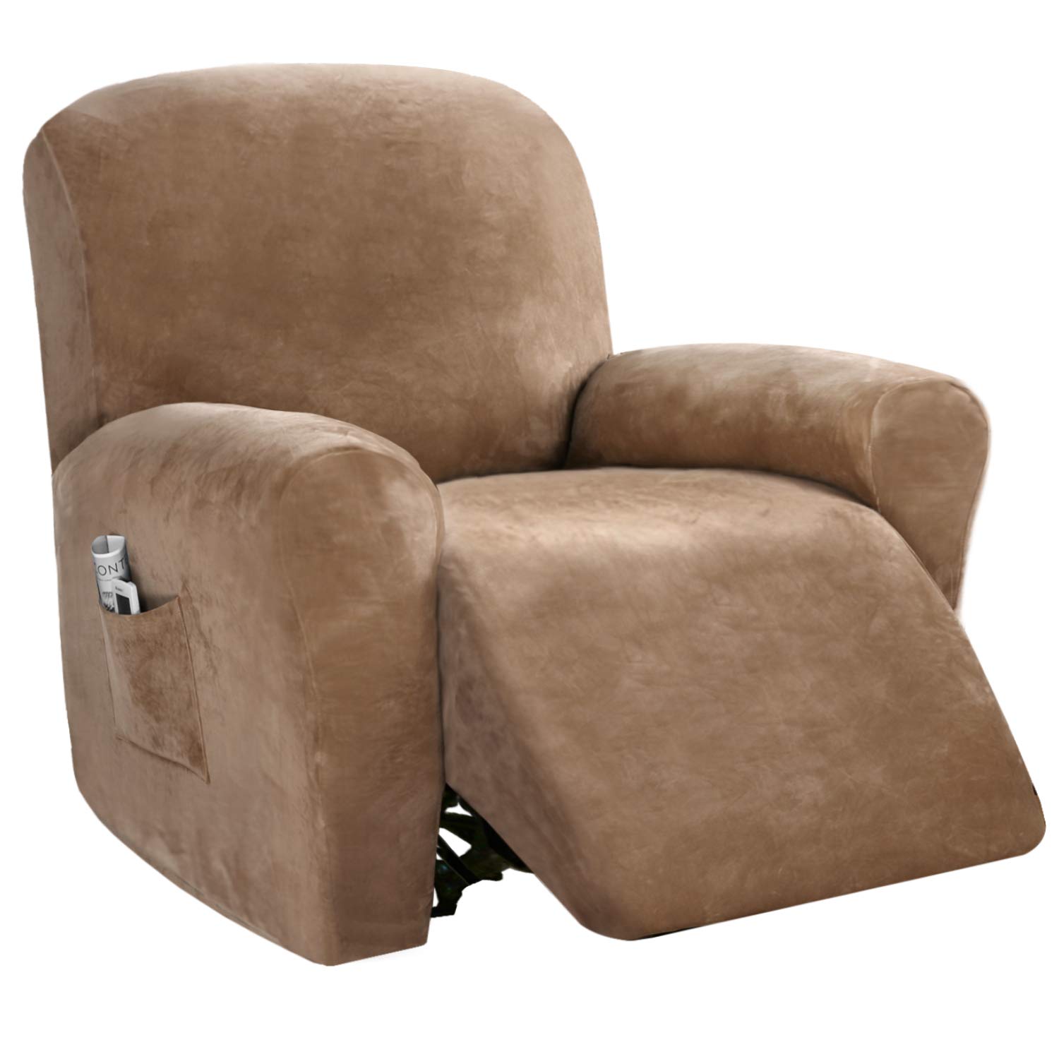 Photo 1 of PrinceDeco Recliner Chair Cover Velvet Stretch Recliner Couch Covers 4-Pieces Style Recliner Chair Covers Recliner Cover for Reclining Chair Slipcovers Feature Non Slip Form Fitted Thick Soft,Camel