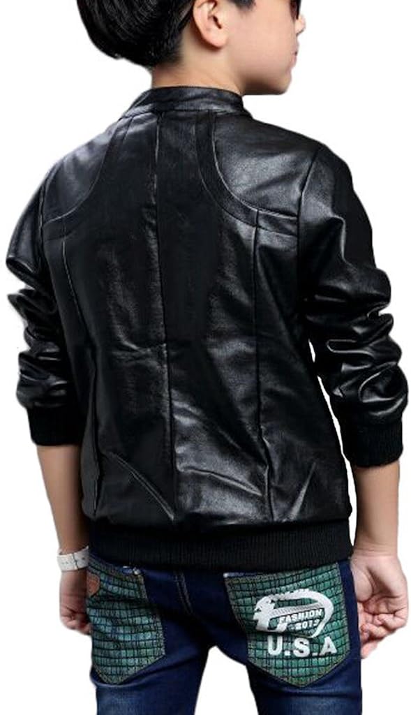 Chinaface Boy's Trendy Stand-Collar PU Leather Spring Moto Jacket Black: Clothing