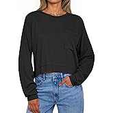 Tankaneo Womens Cropped Long Sleeve Shirts Trendy Casual Boxy Fall Tops Loose Fit Crew Neck Tees T-Shirt