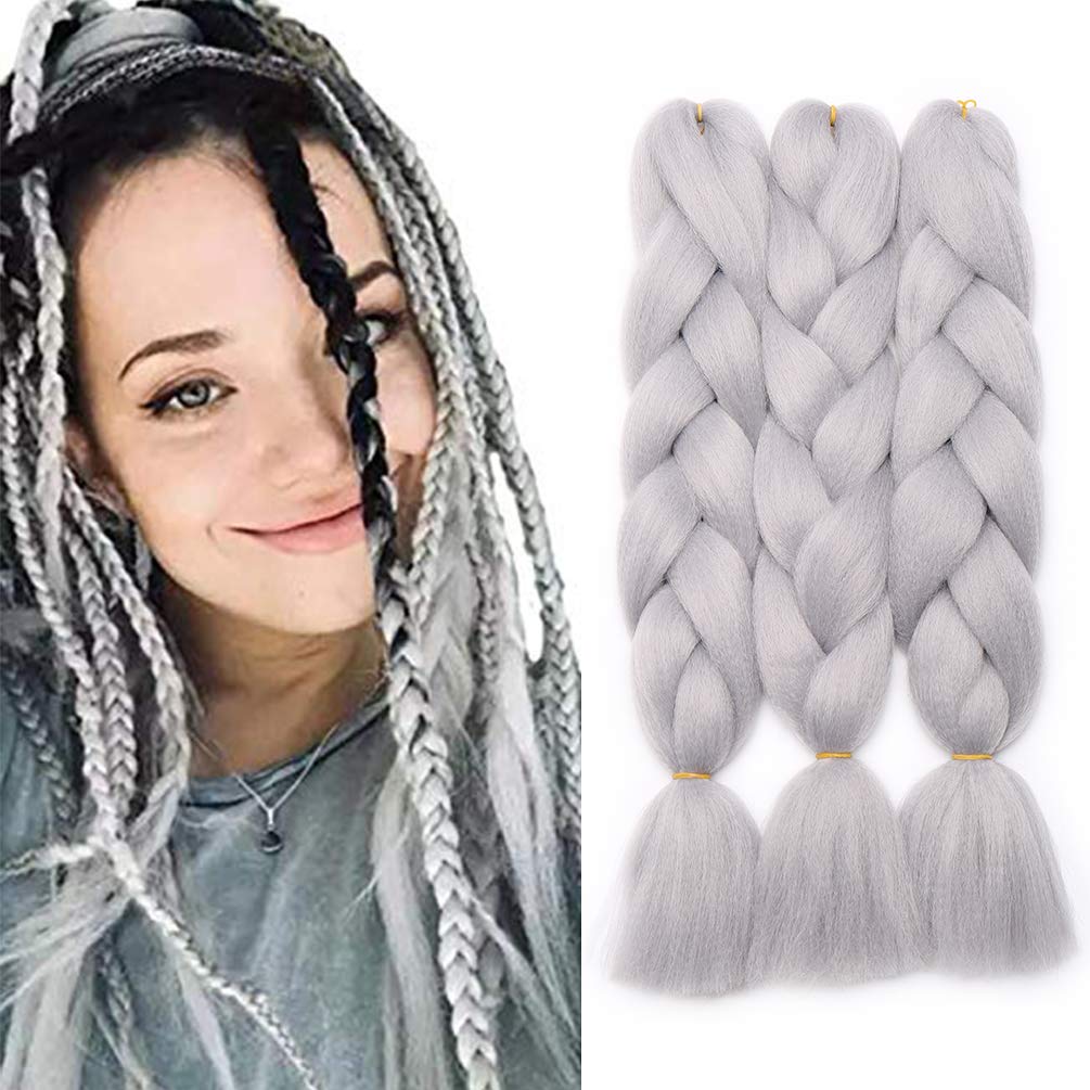 3 pcs 24 Inch Braiding Hair Extensions Light Grey Braiding Hair Synthetic Braid Hair Extensions for Women