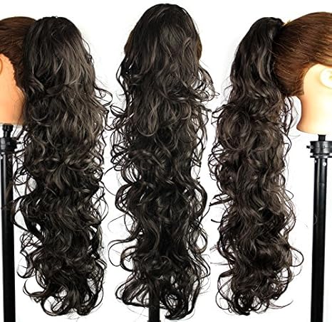 Amazon Co Jp Hubingrong ロング25 6 クローポニーテールファッションデザインのフェイク髪のフェイクヘアエクステンション合成耐熱ウィッグ 色 ブラック 服 ファッション小物