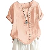 Women Cotton Linen Crew Neck Short Sleeve Tunic, Tee Shirts Tops Loose Fit, Linen Blouse for Women