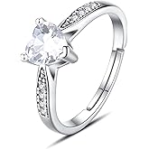 Vito 925 Sterling Silver Birthstone Rings for Women, Adjustable Open Heart Cubic Zirconia Birthstone Band Ring Birthday Month Jewelry Gift