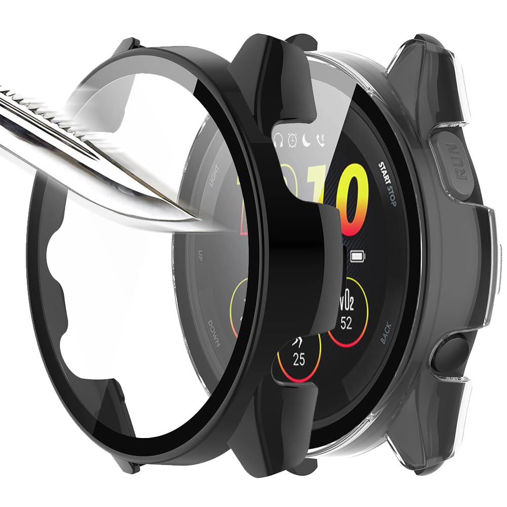 Msiall [Pack of 2] Black Transparent with Screen Protector Tempered Glass for Forerunner 165, 9H Hardness PC Case, Bumper, Slim Complete Protective Case for Smart Forerunner 165