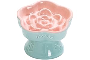 Aquainno Ceramic Raised Slow Feeder Cat Bowl, Elevated Tilted Anti-Vomiting Pet Bowl for Cats & Small Dogs - Cute Flower Design, Non-Slip Base, Shallow Wide Dish for Dry/Wet Food (Pink, 5.8 Inch)