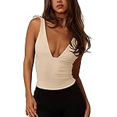 REORIA Women's Sexy Plunge Deep V Neck Sleeveless V Backless Tank Top Workout Yoga Crop Tops