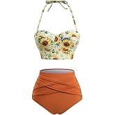DRESSFO Retro Bikini Sets for Women 2 Piece Vintage Bikini Sunflowers Printed High Waisted Tankini Swimsuits Bathing Suit