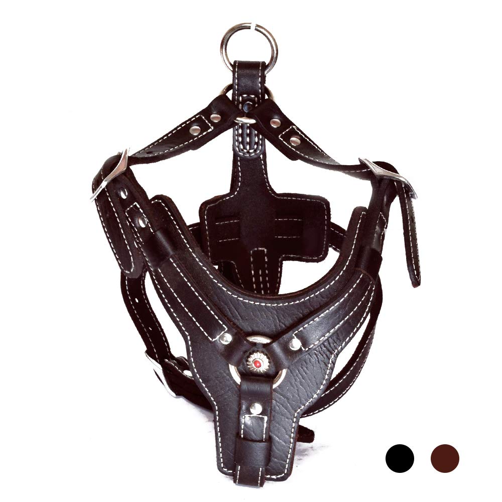 Peshouco Leather Dog Harness Handmade Genuine Leather Durable Strong Pet Harness with Adjustable Straps No Pull Easy Control Pet Vest 24" - 28" Chest for Medium Small Dogs Dark-Brown