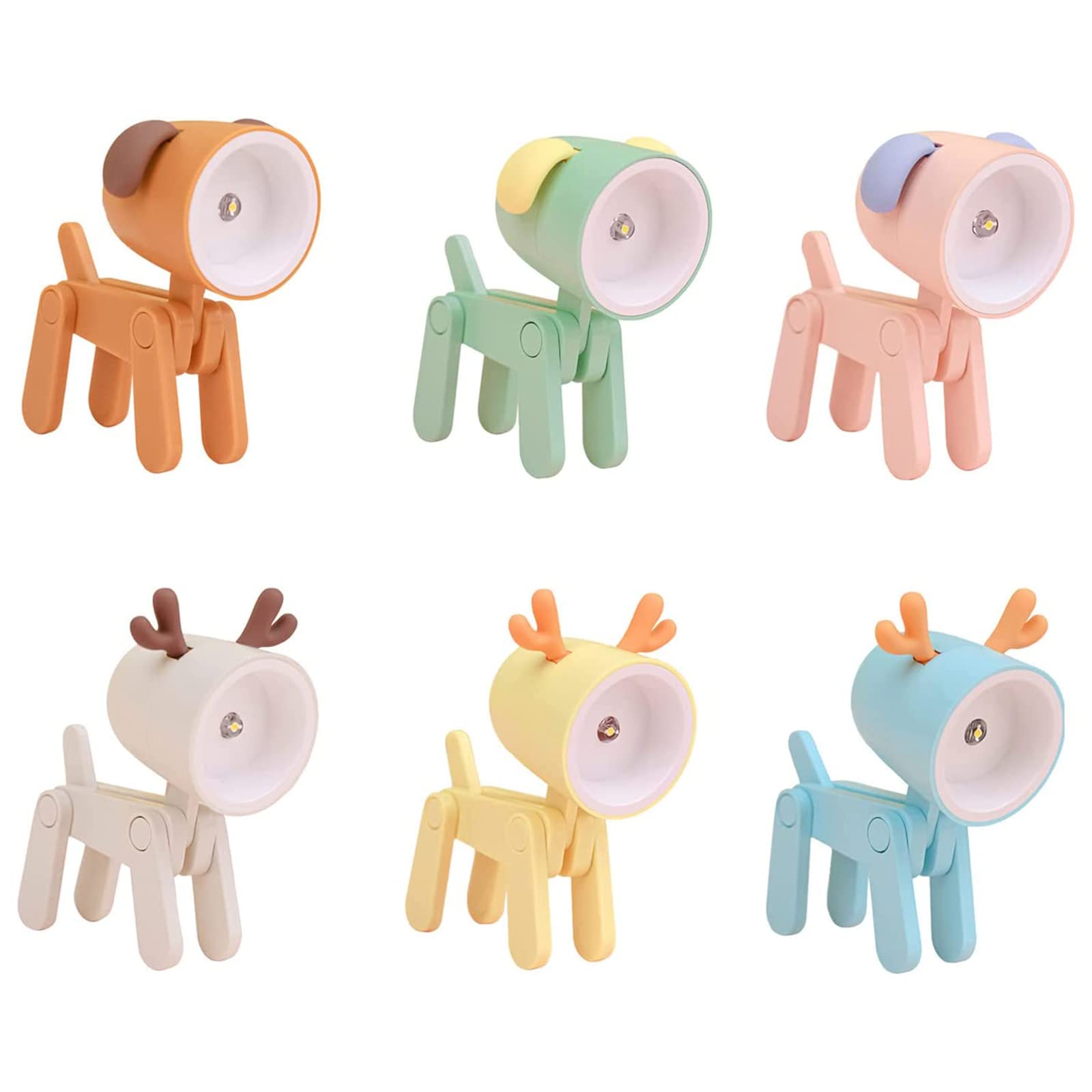 Fofetbfo 6 PCS Mini Cute Night Light, Creative Cartoon Dog & Deer LED Desk Lamp with Phone Holder, Foldable Eye-Caring Study Lamp for Home Office