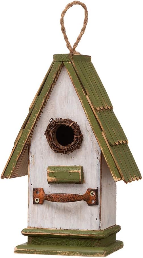 Glitzhome 10.75" H Wood Green Roof Garden Birdhouse Hand Painted Hanging Distressed Bird House : Garden & Outdoor