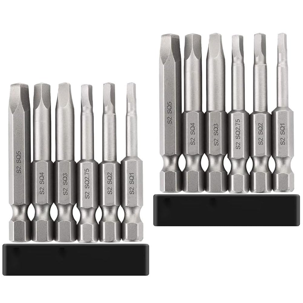 Teocpai 12pcs 1/4" Hex Shank Screwdriver Bits Square Magnetic Head 50mm Set of 2 Set 6pcs Screwdriver Bits SQ1, SQ2, SQ2.7, SQ3, SQ4, SQ5