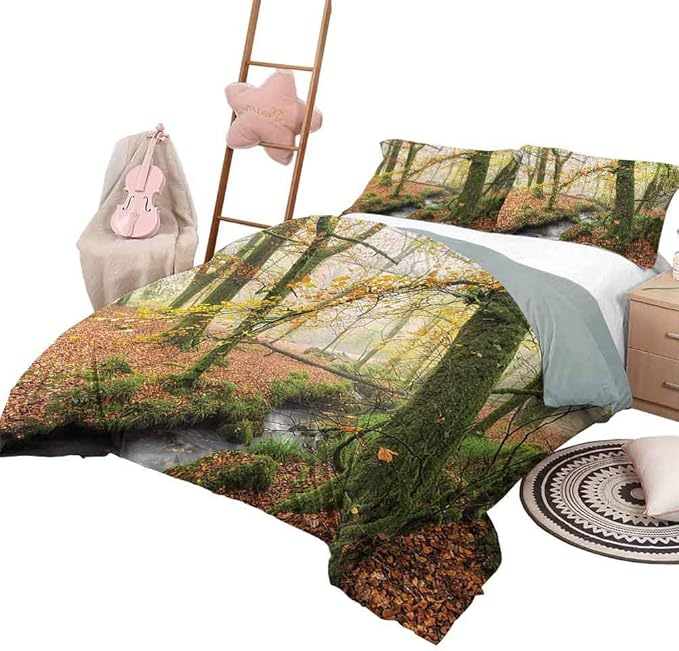 DayDayFun 3 Piece Coverlet Set Woodland Printed Quilt Cover Misty Autumn Woodland Stream at