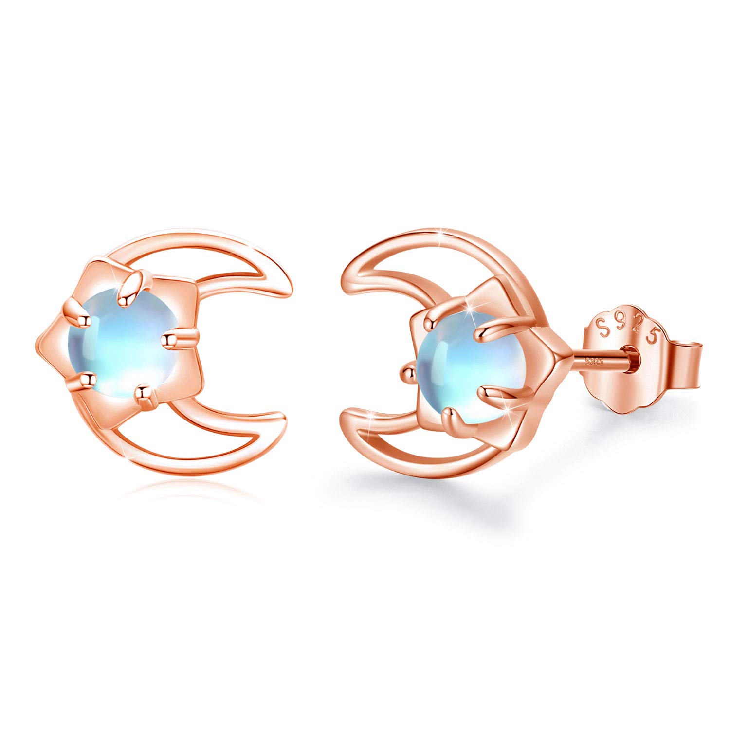 CUOKA MIRACLE Moonstone Star Earrings Moon Earrings Set 925 Sterling Silver Rainbow Moonstone Stud Earrings for Women Kids Moon and Star Stud Earrings for Girls (Rosegold)