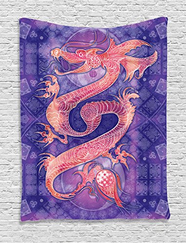 Ambesonne Animal Decor Collection, Chinese Dragon Figure with Ying Yang Signs Ethnic Patterns Asian Arts Meditation Themed, Bedroom Living Room Dorm Wall Hanging Tapestry, Purple Red