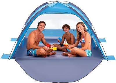 Tente de Plage pour 3 Personnes, Abri de Plage Anti UV UPF 50+, Tente Portable Pare-Soleil avec Sac de Transport et Piquets, pour Famille, Camping, Pêche et Pique-niques, Structure Légère, Bleu