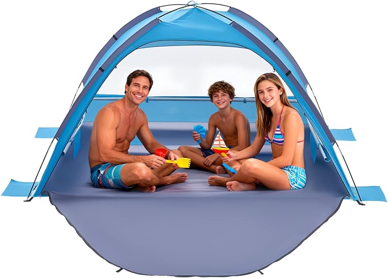 Tente de Plage pour 3 Personnes, Abri de Plage Anti UV UPF 50+, Tente Portable Pare-Soleil avec Sac de Transport et Piquets, pour Famille, Camping, Pêche et Pique-niques, Structure Légère, Bleu